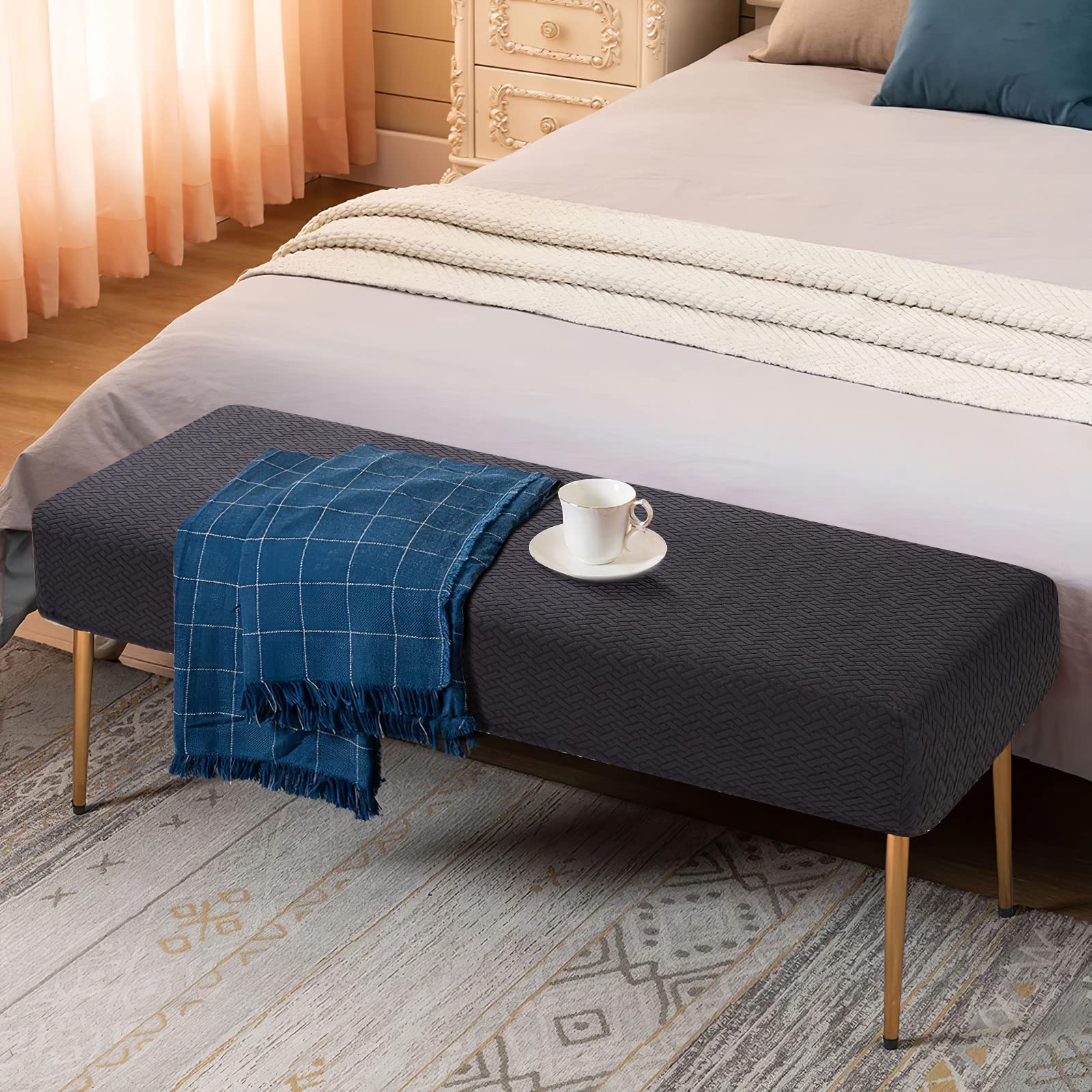 Fuloon Stretch Jacquard Dining Bench Cover - Anti-Dust Removable Bench Slipcover Washable Bench Seat Protector Cover For Living